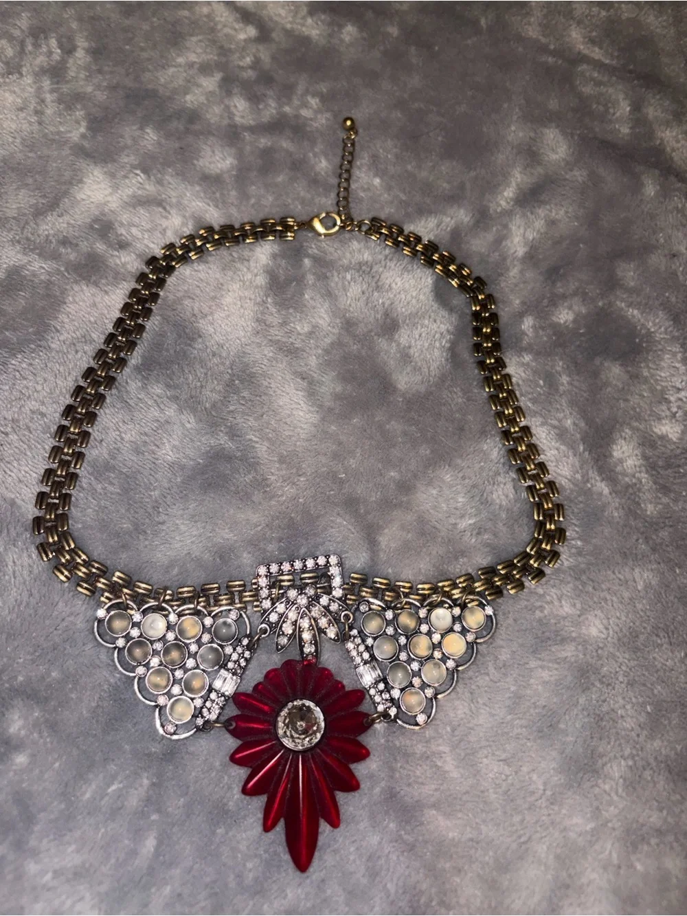 Olivia Welles Gold Tone Rhinestone Statement Necklace Red Flower Bib
